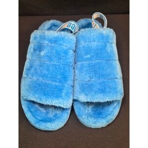UGG Fluff Yeah Slide Blue Fur Elastic Backstrap Sandals Womens 12 1095119